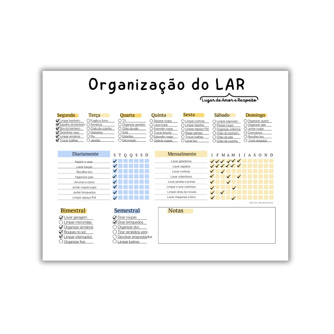 Plano semanal de organização do lar